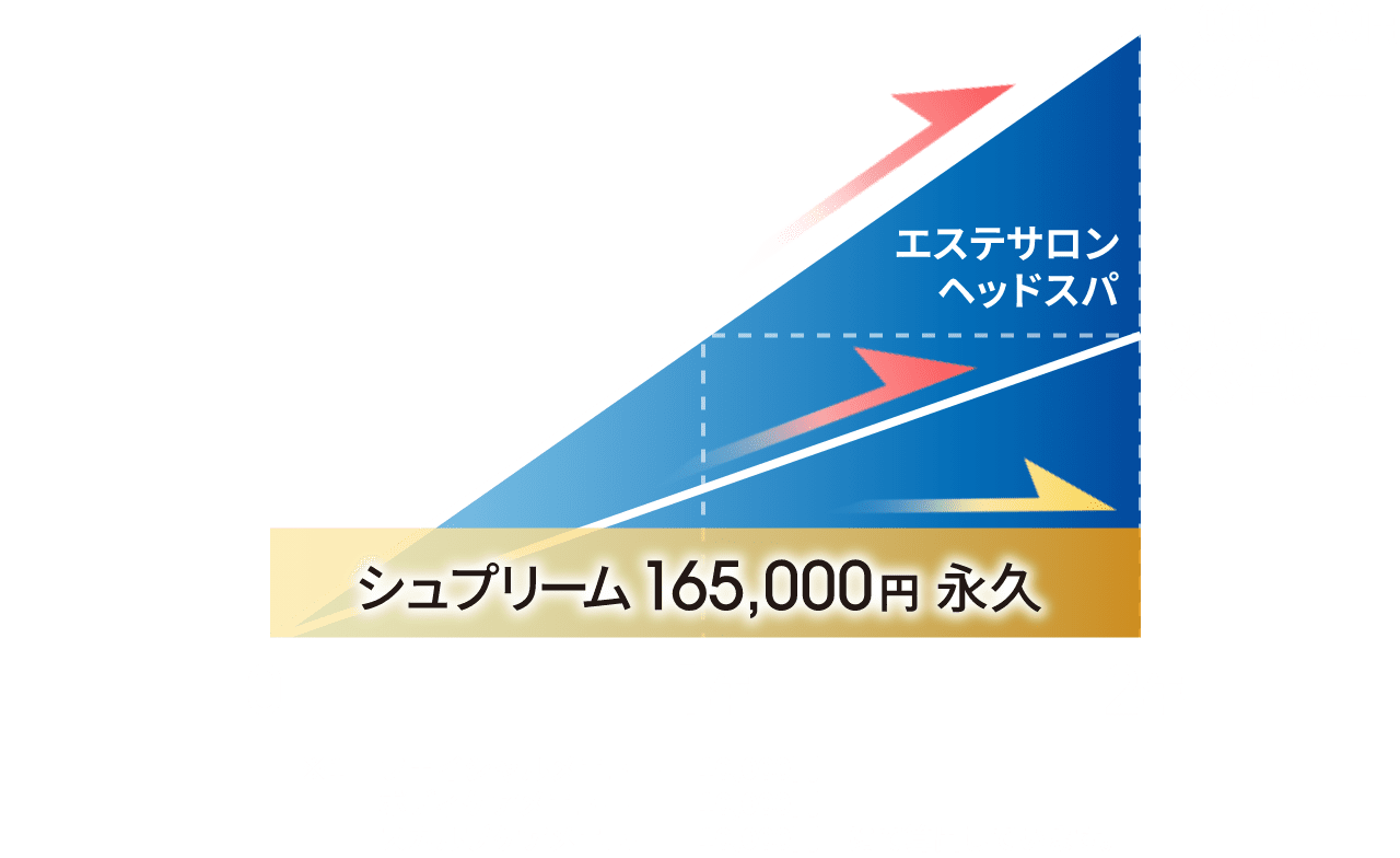施術料金の比較グラフ｜イーポレーション・シュプリームなら165,000円で永久に使用出来ます。エステサロン・ヘッドスパ利用の場合と比べて、3〜6倍の差があります。